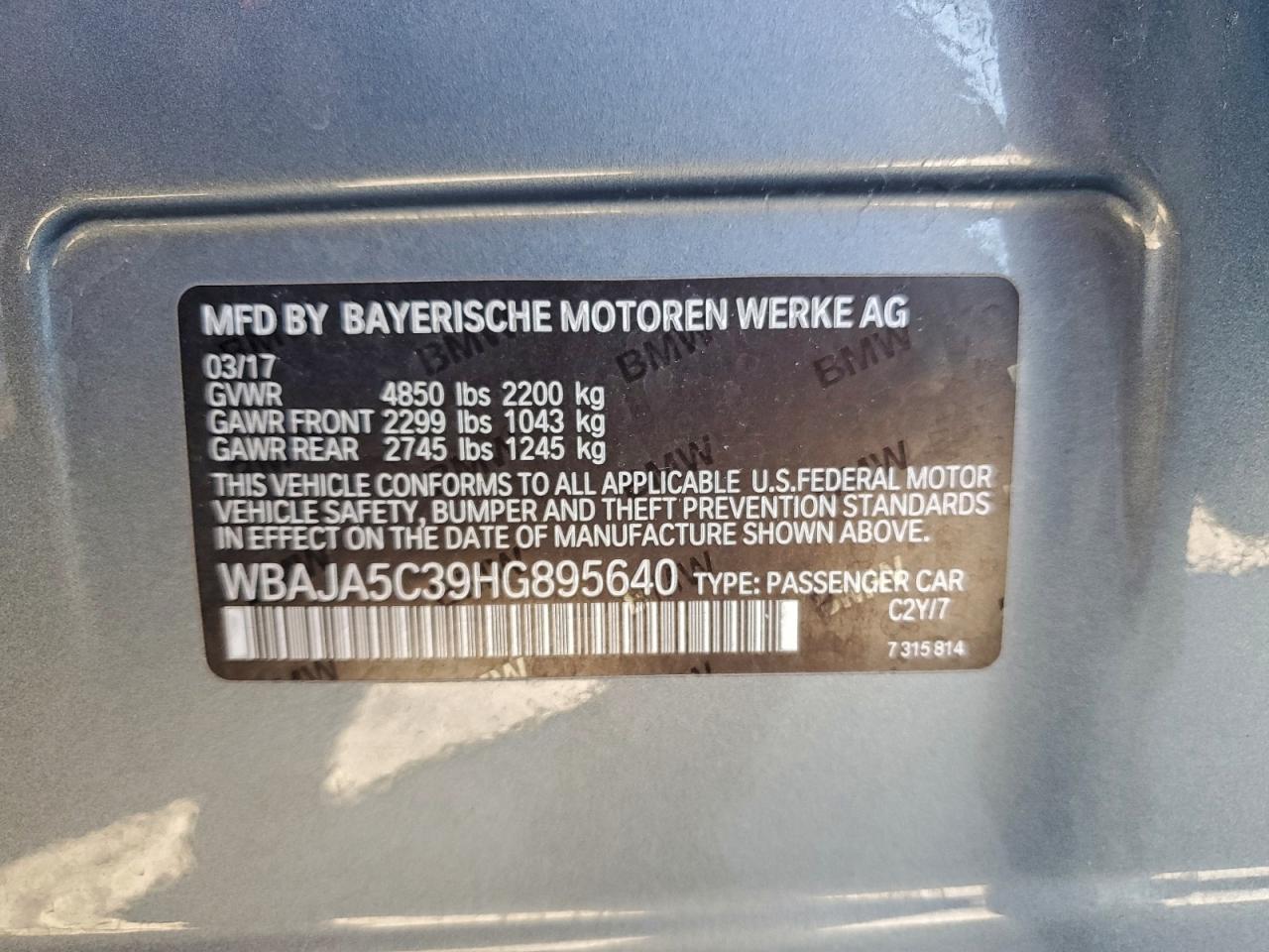 2017 BMW 530 I VIN: WBAJA5C39HG895640 Lot: 95076515