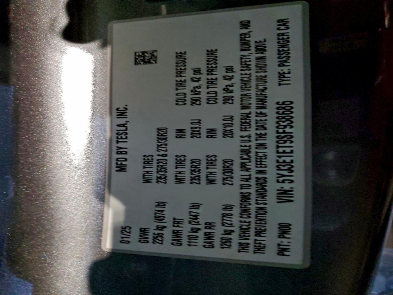 2025 Tesla Model 3 VIN: 5YJ3E1ET9SF938686 Lot: 92766005