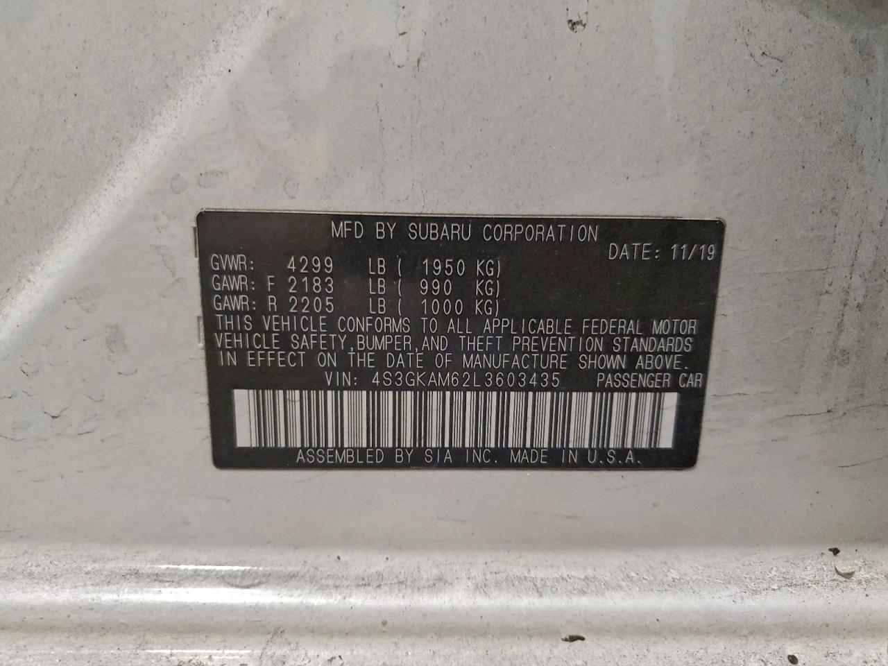 2020 Subaru Impreza Sport VIN: 4S3GKAM62L3603435 Lot: 95852615