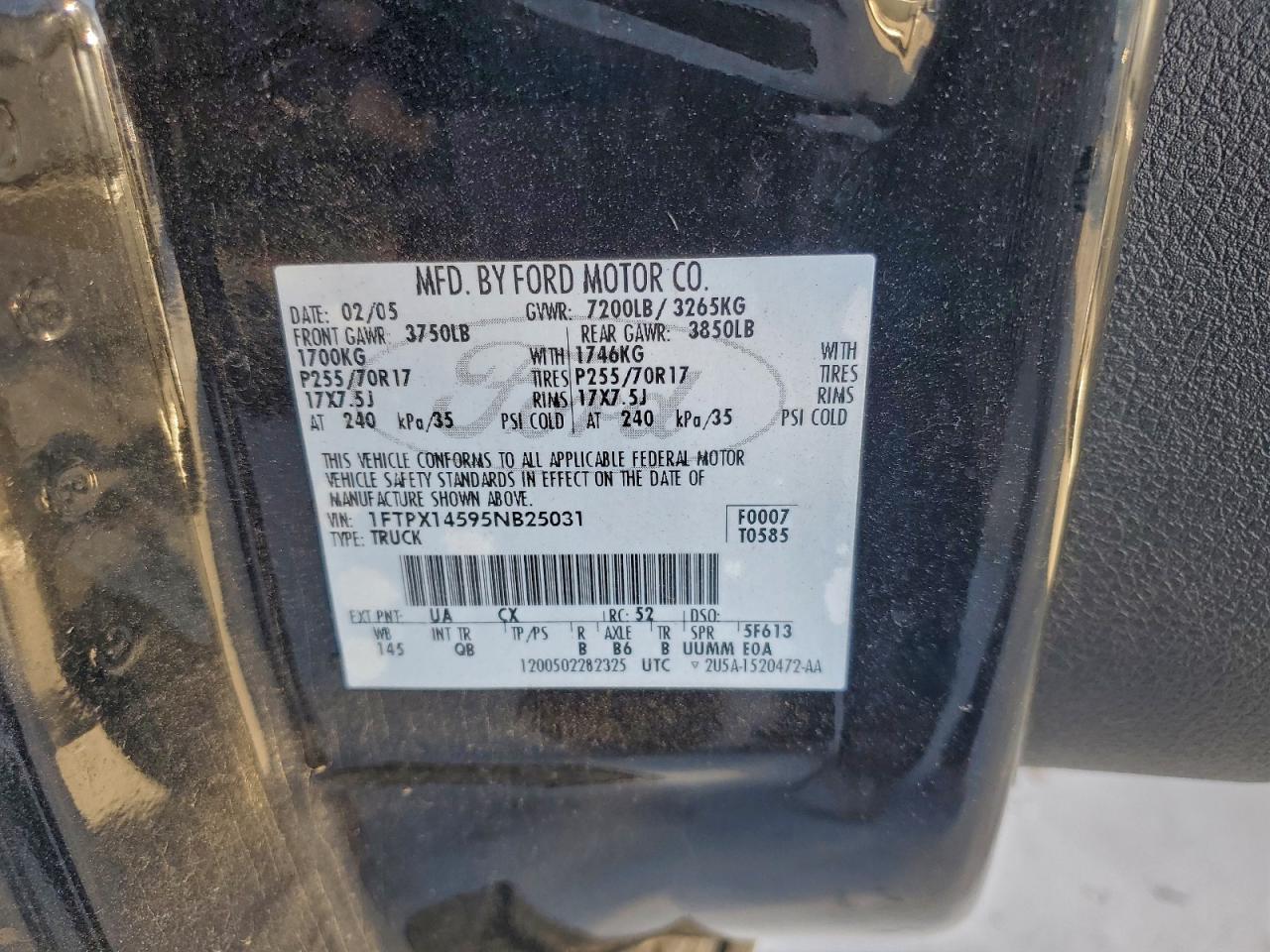 2005 Ford F150 VIN: 1FTPX14595NB25031 Lot: 96952315