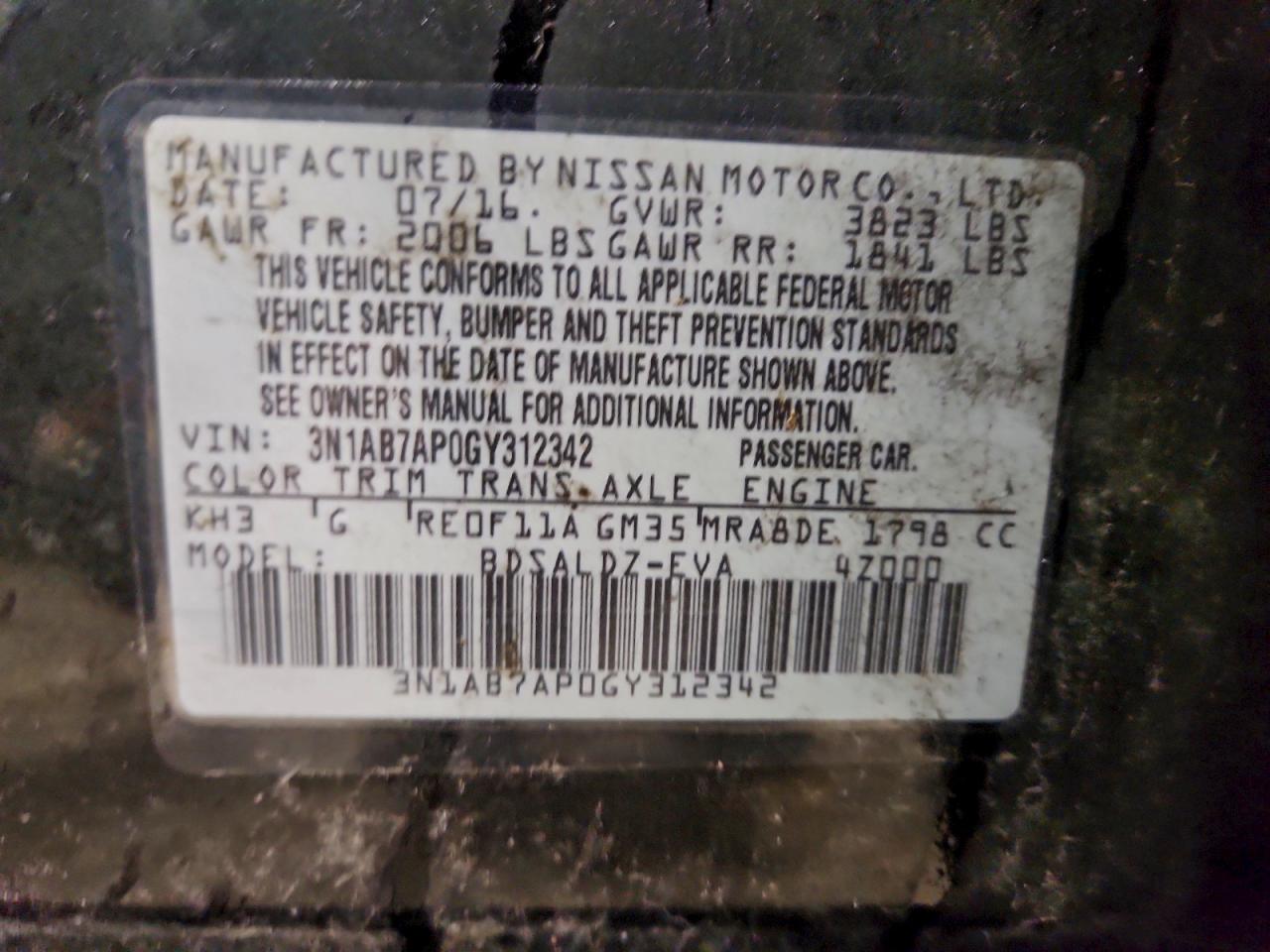 2016 Nissan Sentra S VIN: 3N1AB7AP0GY312342 Lot: 94984855