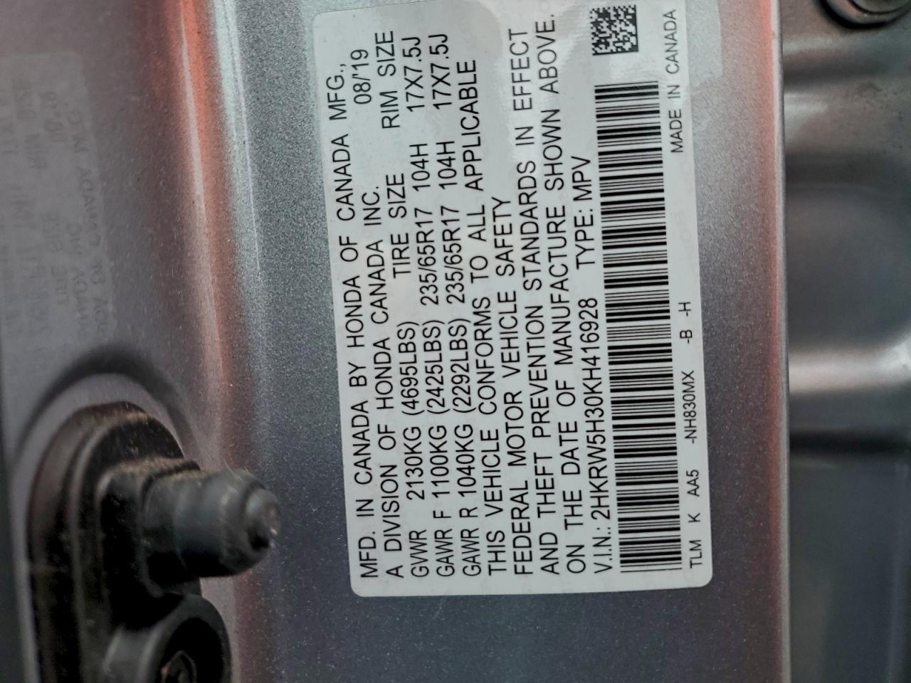 2019 Honda Cr-V Lx VIN: 2HKRW5H30KH416928 Lot: 95688965