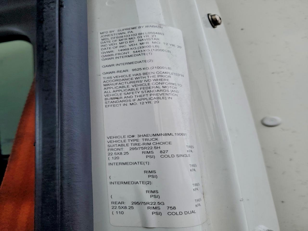 2021 International Mv607 Box Truck VIN: 3HAEUMMN8ML190691 Lot: 95647075