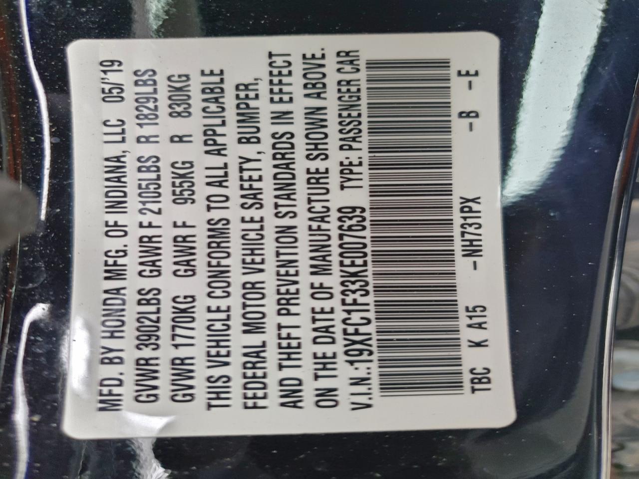 2019 Honda Civic Ex VIN: 19XFC1F33KE007639 Lot: 95410685