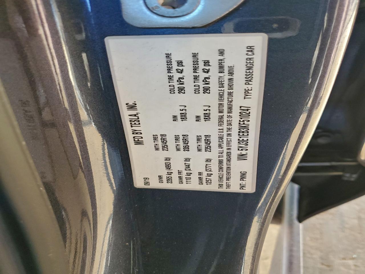 2019 Tesla Model 3 VIN: 5YJ3E1EB3KF510247 Lot: 95759115