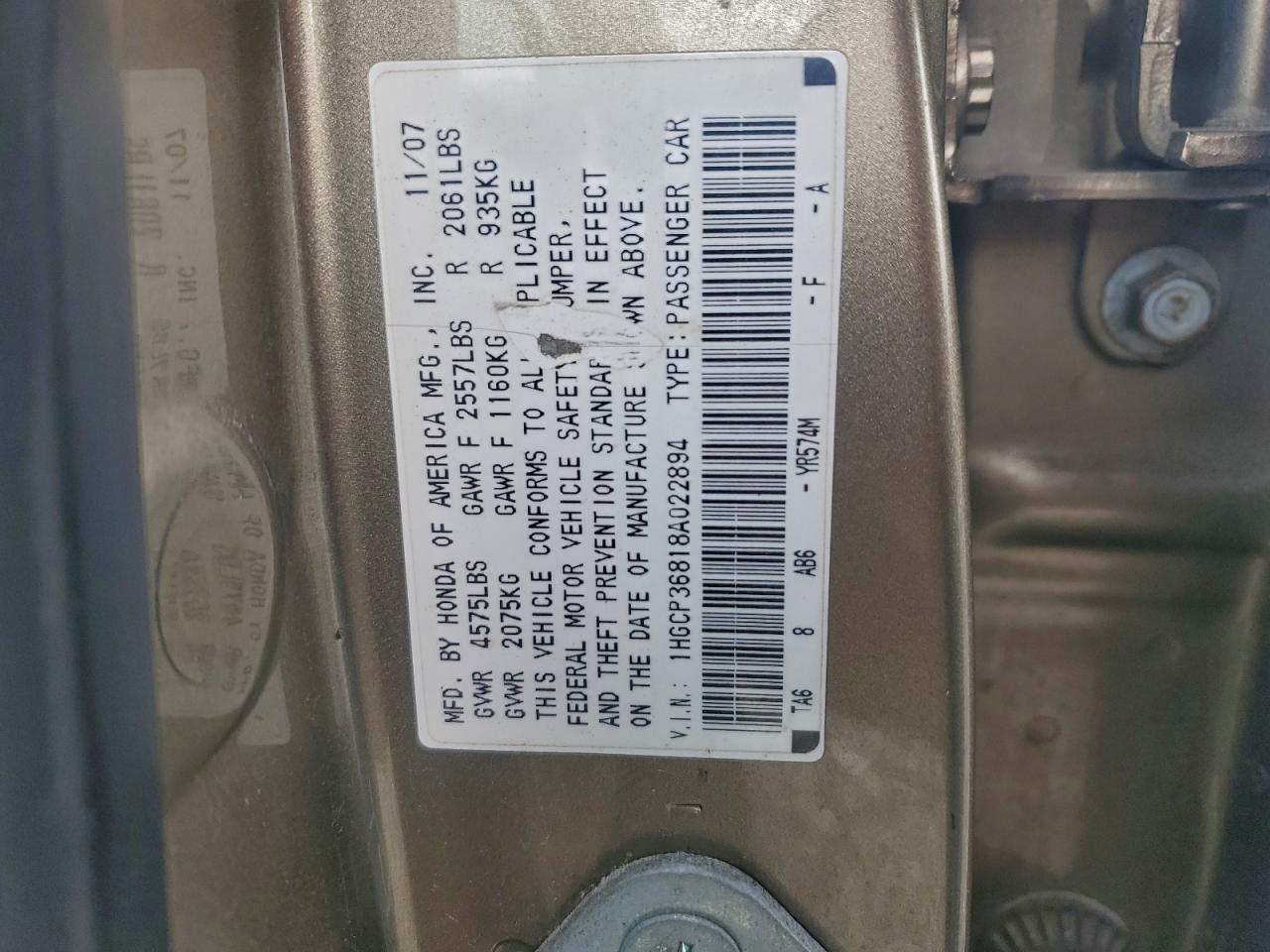 2008 Honda Accord Exl VIN: 1HGCP36818A022894 Lot: 94705255