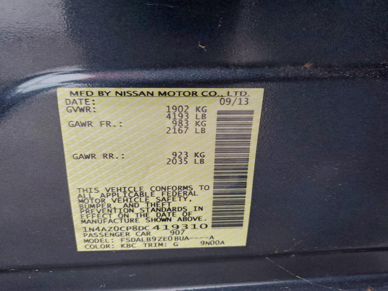 2013 Nissan Leaf S VIN: 1N4AZ0CP8DC419310 Lot: 95695195