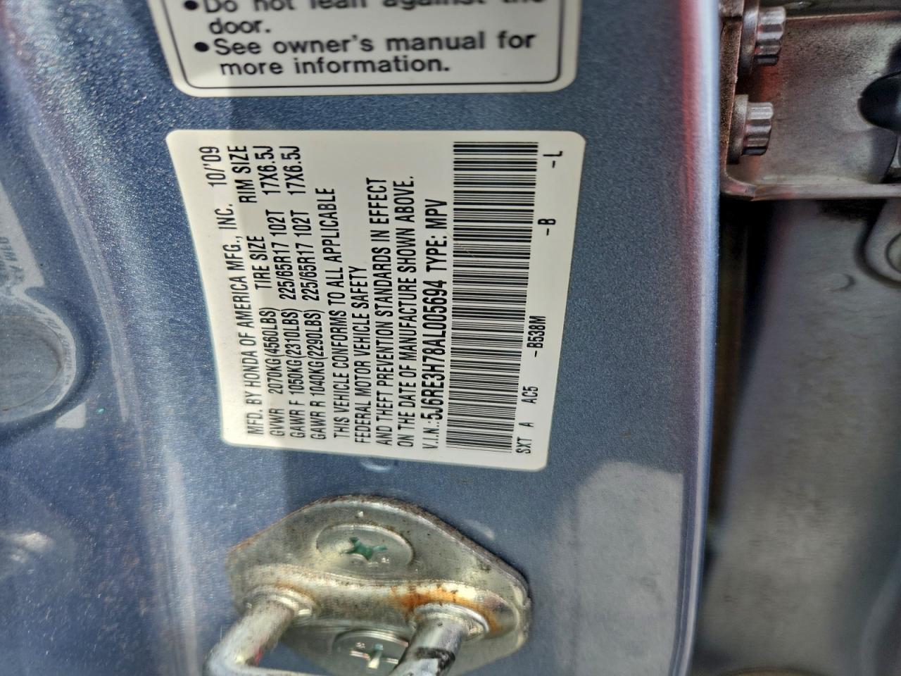 2010 Honda Cr-V Exl VIN: 5J6RE3H78AL005694 Lot: 92454325