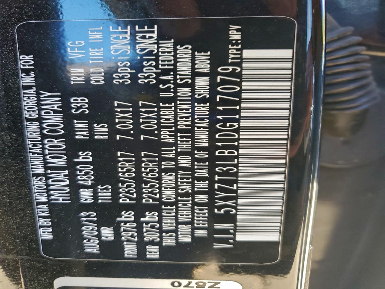 2013 Hyundai Santa Fe Sport VIN: 5XYZT3LB1DG117079 Lot: 96725825