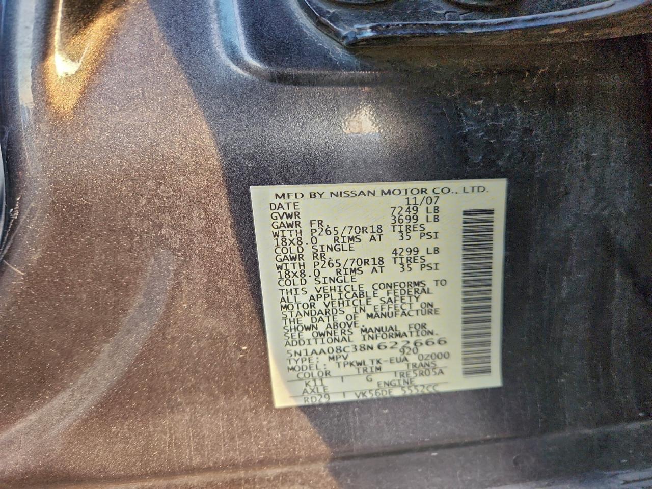 2008 Nissan Armada Se VIN: 5N1AA08C38N622666 Lot: 92756875