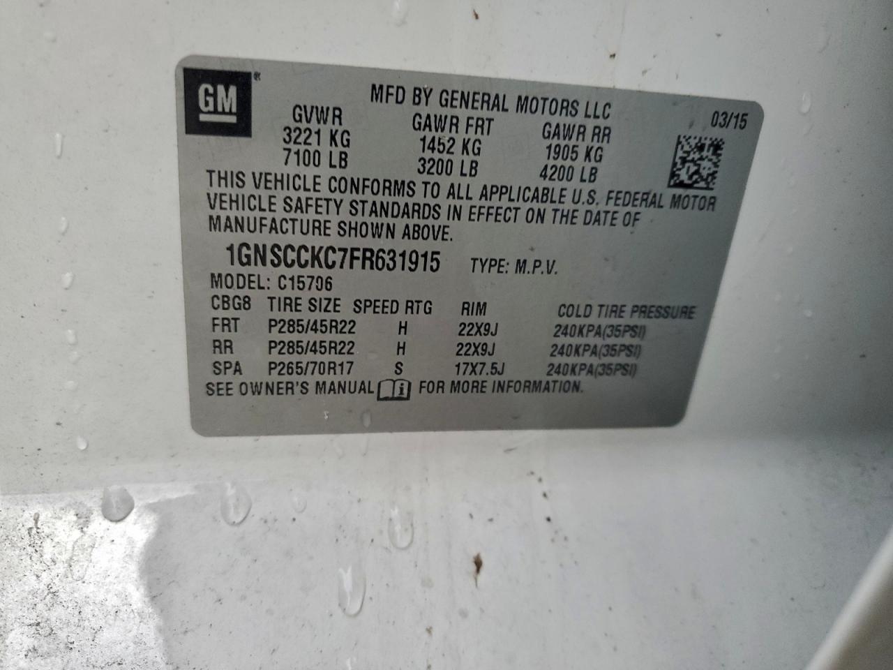 2015 Chevrolet Tahoe C1500 Ltz VIN: 1GNSCCKC7FR631915 Lot: 95339565