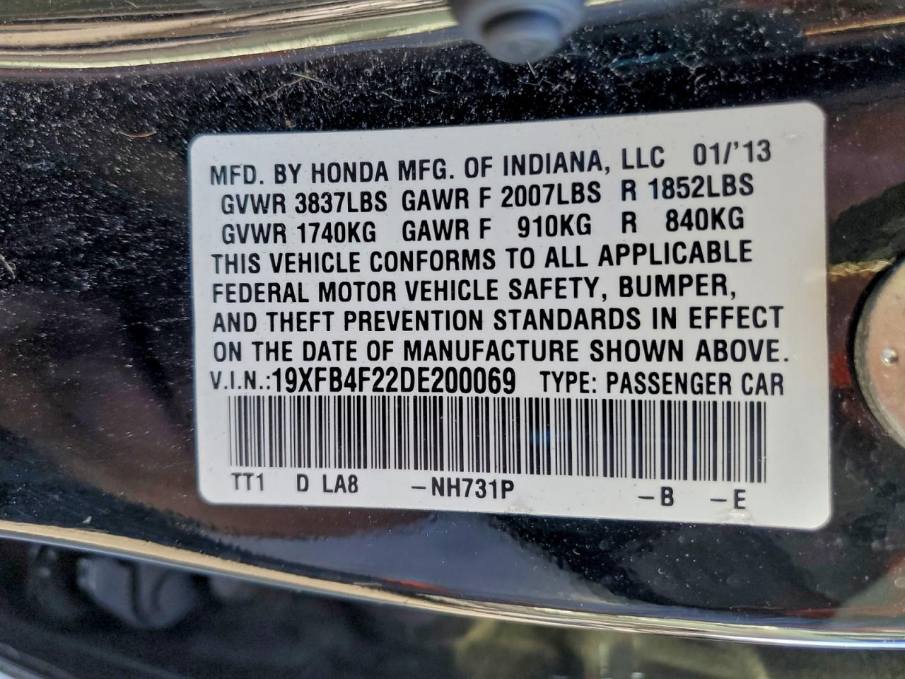 2013 Honda Civic Hybrid VIN: 19XFB4F22DE200069 Lot: 96002925