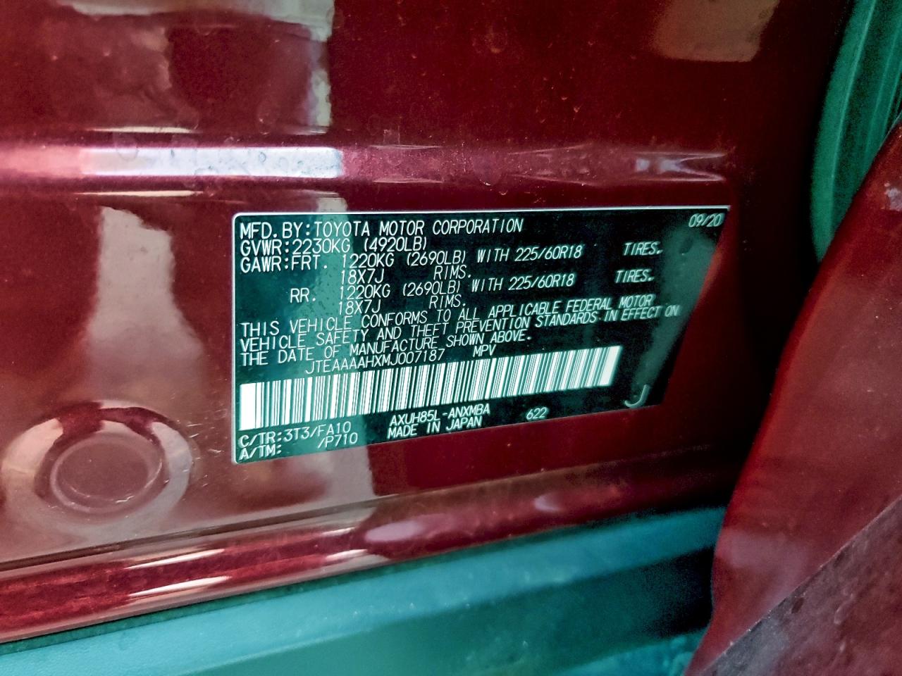 2021 Toyota Venza Le VIN: JTEAAAAHXMJ007187 Lot: 96939665