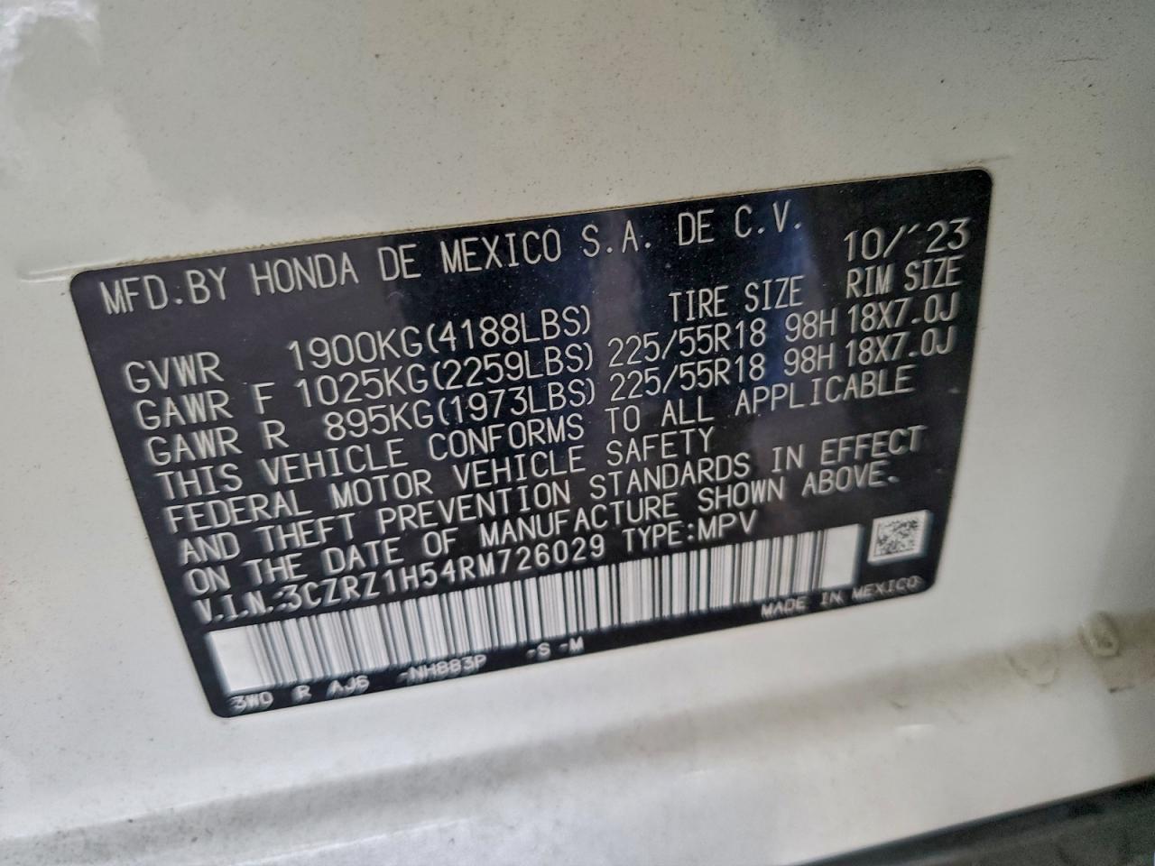 2024 Honda Hr-V Sport VIN: 3CZRZ1H54RM726029 Lot: 97332005