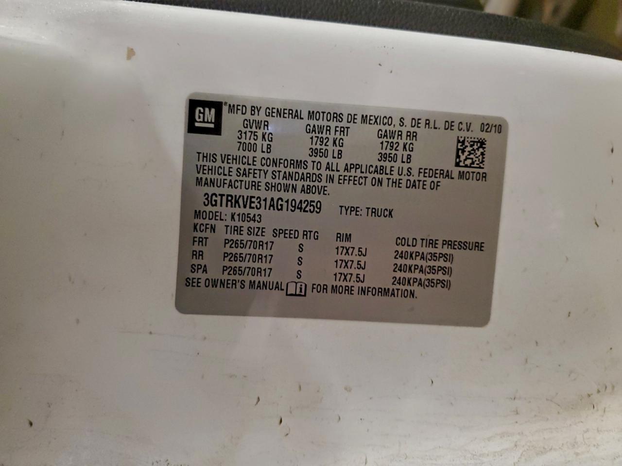 2010 GMC Sierra K1500 Sle VIN: 3GTRKVE31AG194259 Lot: 94651125