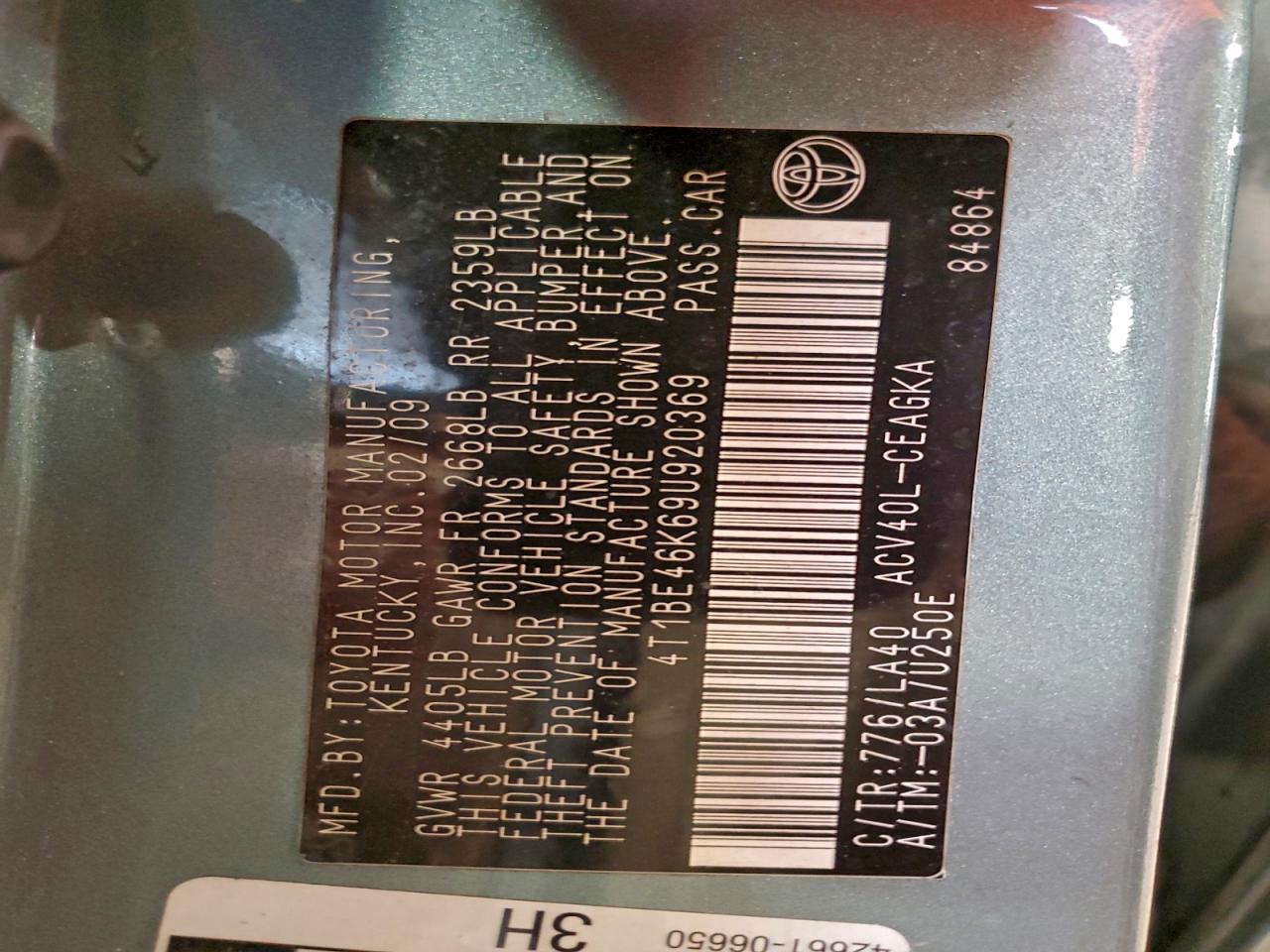 2009 Toyota Camry Base VIN: 4T1BE46K69U920369 Lot: 95415255