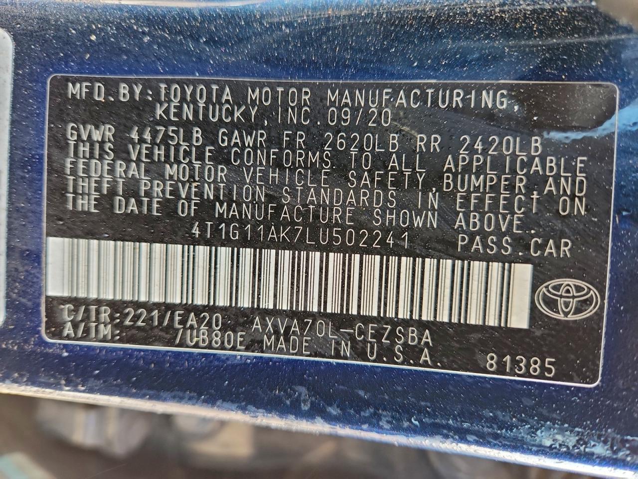 2020 Toyota Camry Se VIN: 4T1G11AK7LU502241 Lot: 94810595