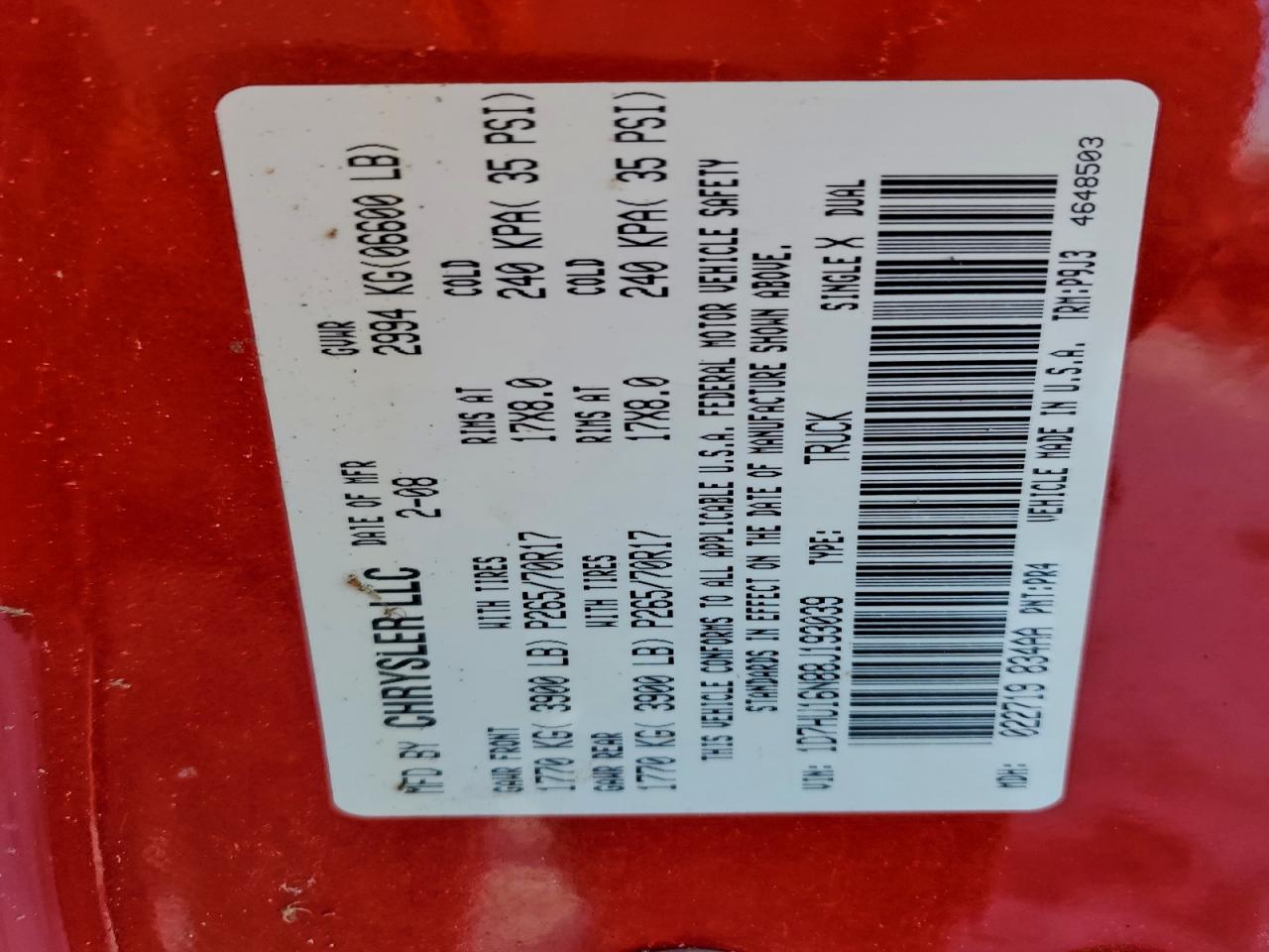 2008 Dodge Ram 1500 St VIN: 1D7HU16N88J193039 Lot: 95396785