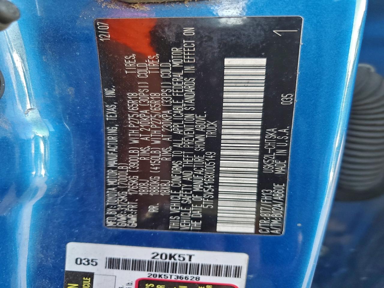 2008 Toyota Tundra Double Cab VIN: 5TFSV54168X005149 Lot: 94821655