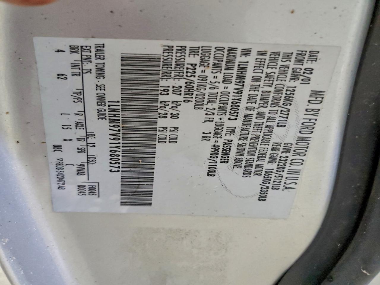 2001 Lincoln Continental VIN: 1LNHM97V91Y680573 Lot: 93828455