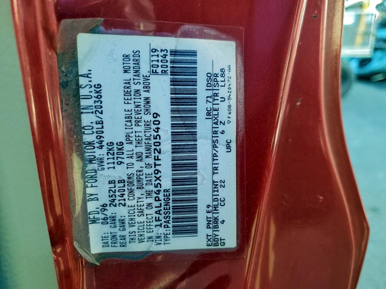 1996 Ford Mustang Gt VIN: 1FALP45X9TF205409 Lot: 95567655