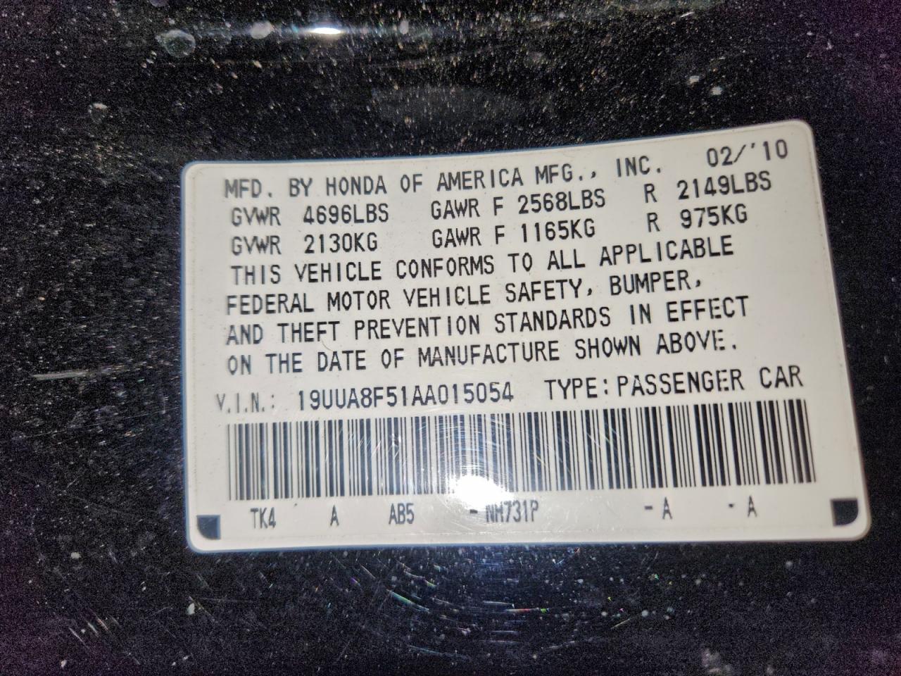 2010 Acura Tl VIN: 19UUA8F51AA015054 Lot: 95348065