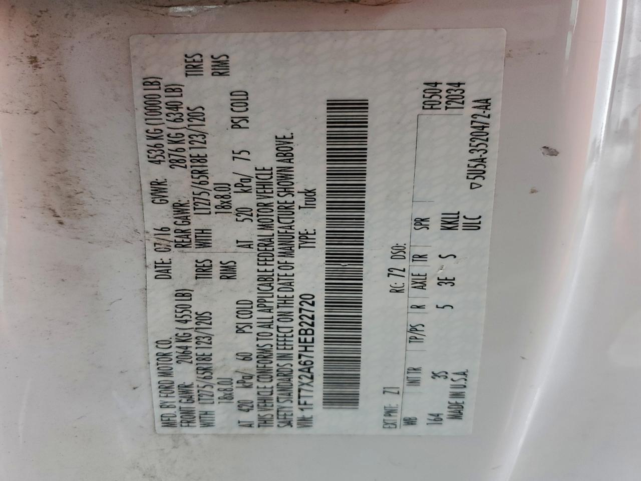 2017 Ford F250 Super Duty VIN: 1FT7X2A67HEB22720 Lot: 96911395