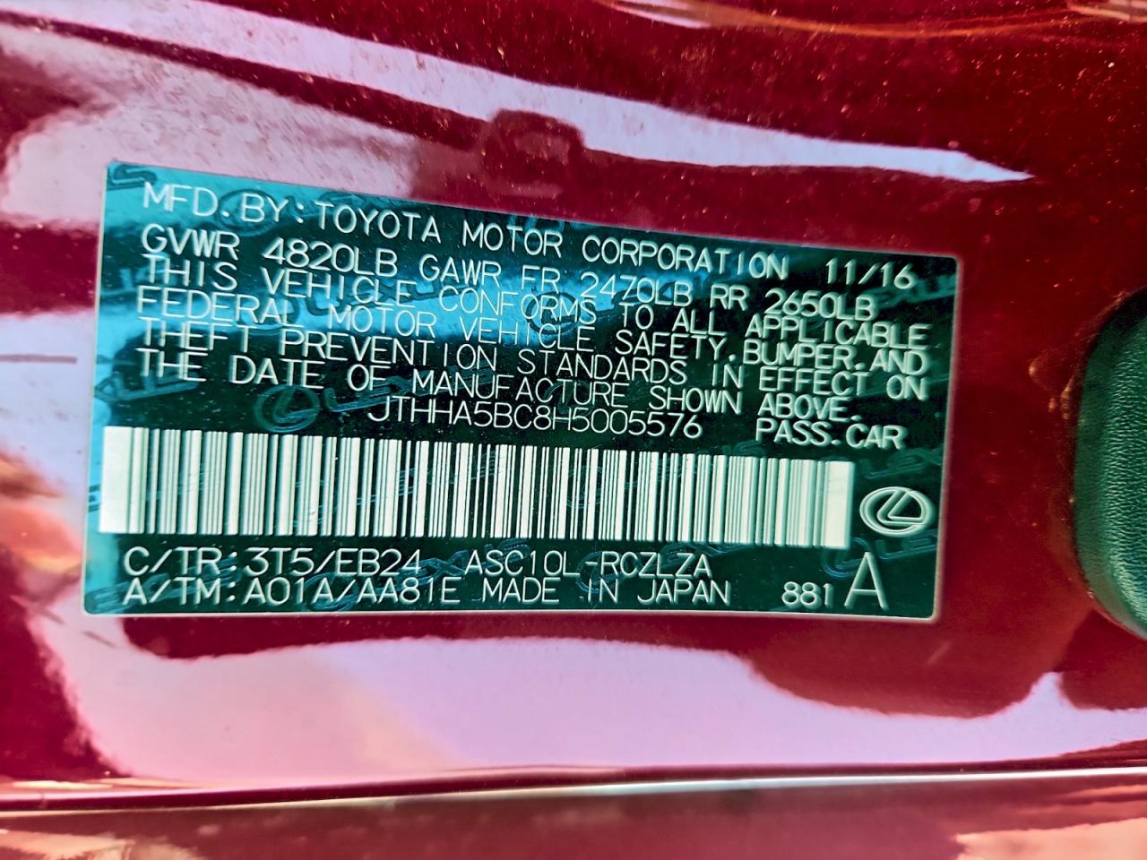 2017 Lexus Rc 200T VIN: JTHHA5BC8H5005576 Lot: 96376465