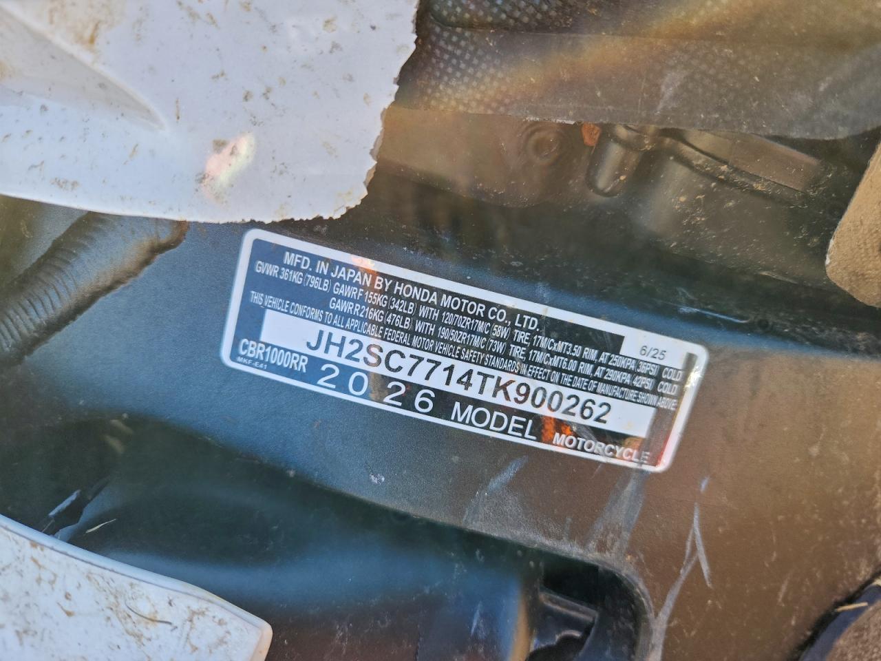 2026 Honda Cbr1000 Rr VIN: JH2SC7714TK900262 Lot: 94186295