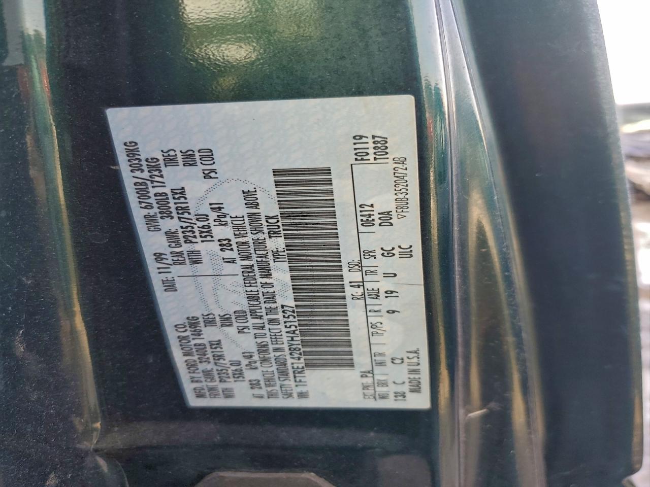 2000 Ford Econoline E150 Van VIN: 1FTRE1428YHA51527 Lot: 96591465