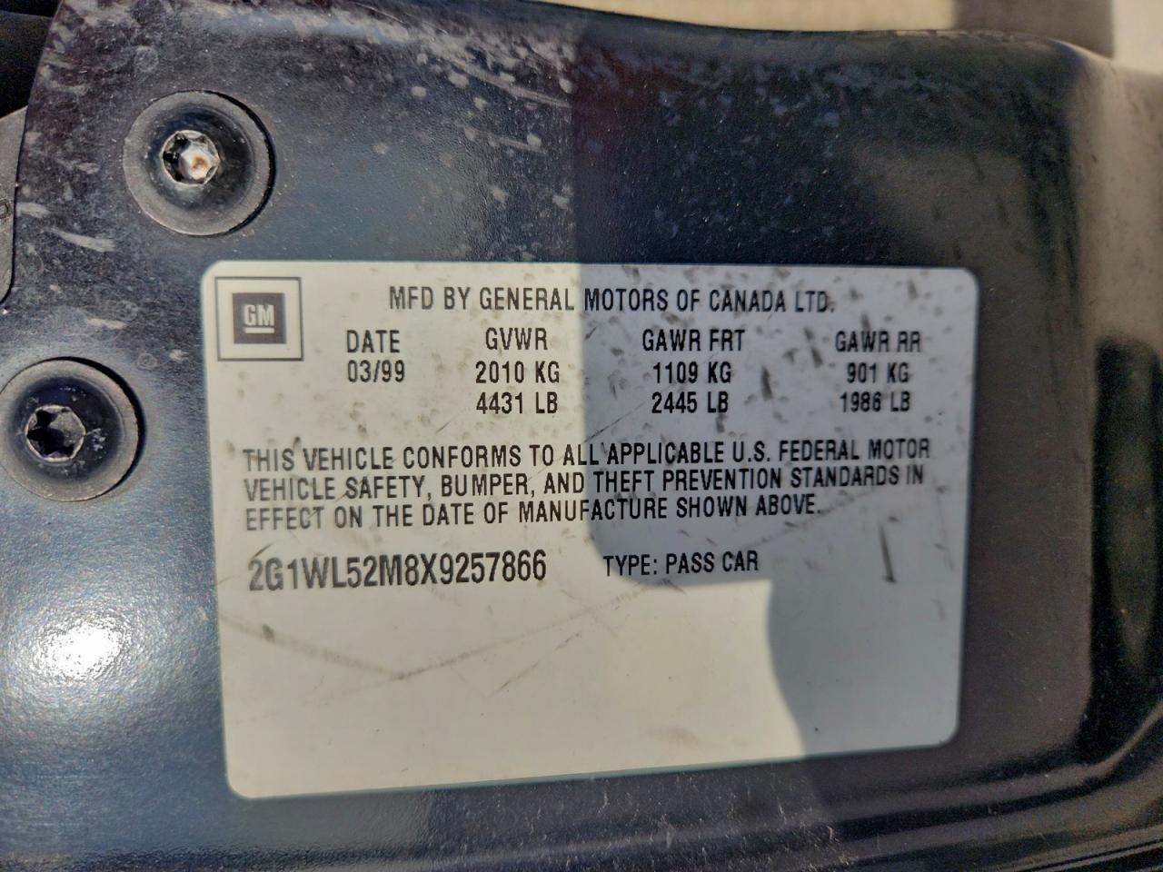 1999 Chevrolet Lumina Base VIN: 2G1WL52M8X9257866 Lot: 93458665