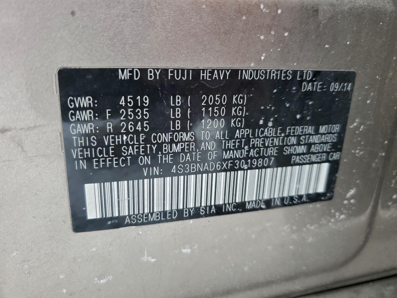 2015 Subaru Legacy 2.5I Premium VIN: 4S3BNAD6XF3019807 Lot: 95360925