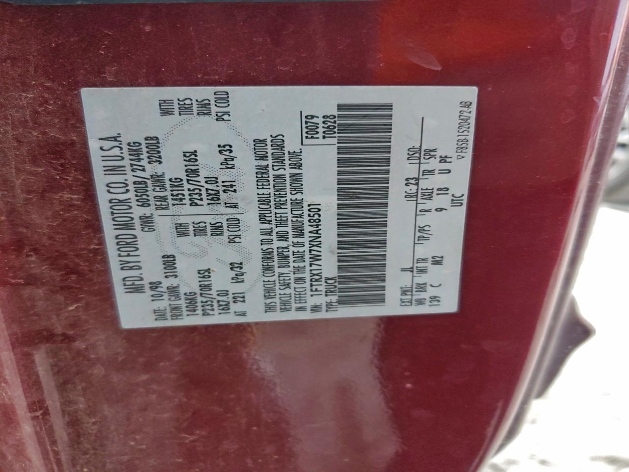 1999 Ford F150 VIN: 1FTRX17W7XNA48501 Lot: 95333865