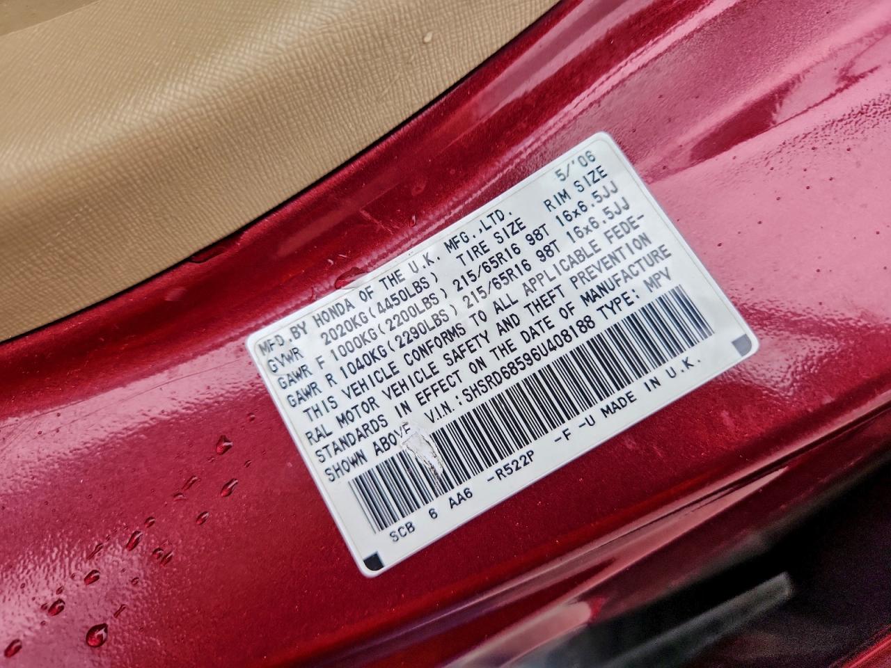 2006 Honda Cr-V Lx VIN: SHSRD68596U408188 Lot: 95108055