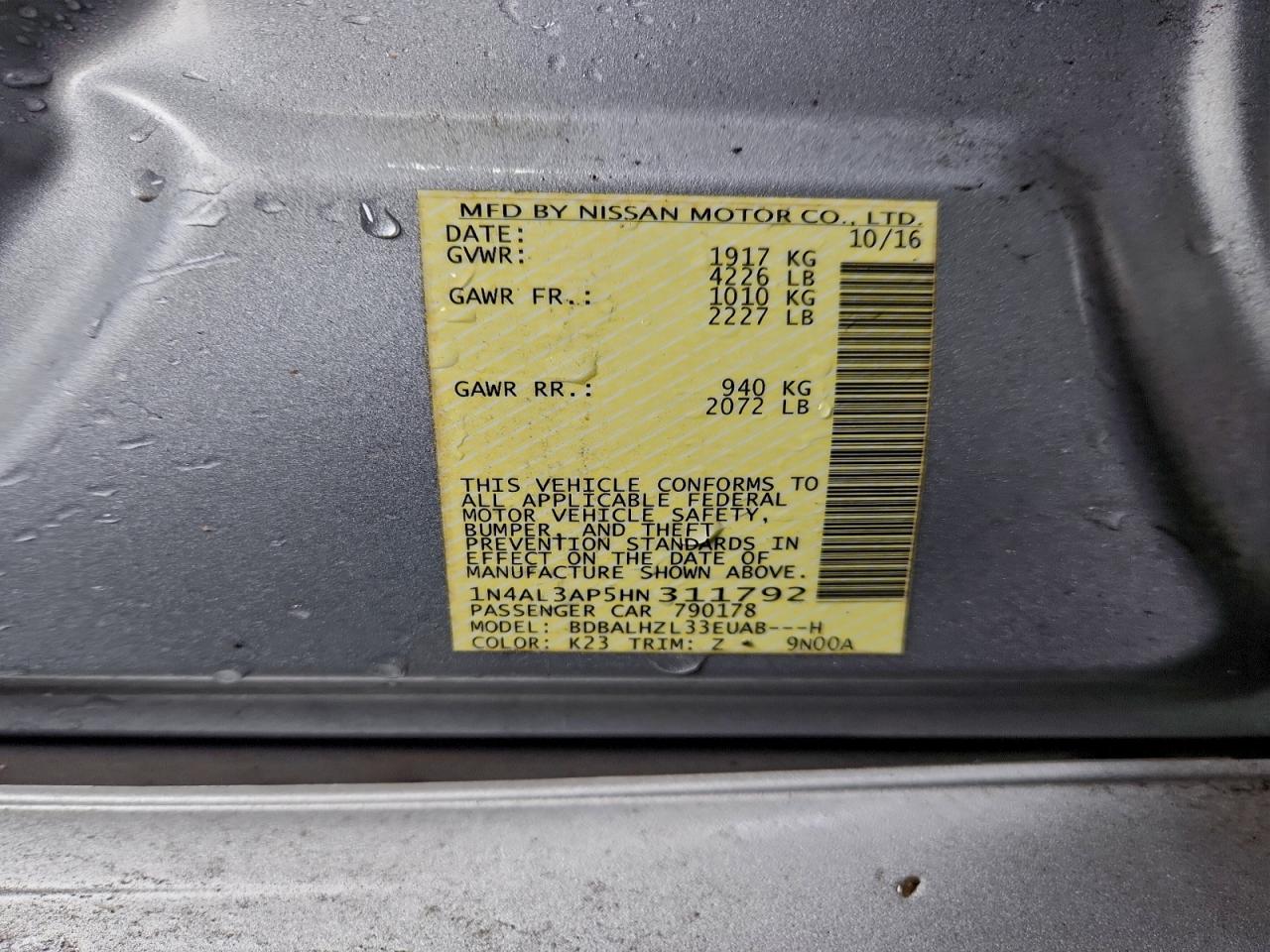 2017 Nissan Altima 2.5 VIN: 1N4AL3AP5HN311792 Lot: 94953925