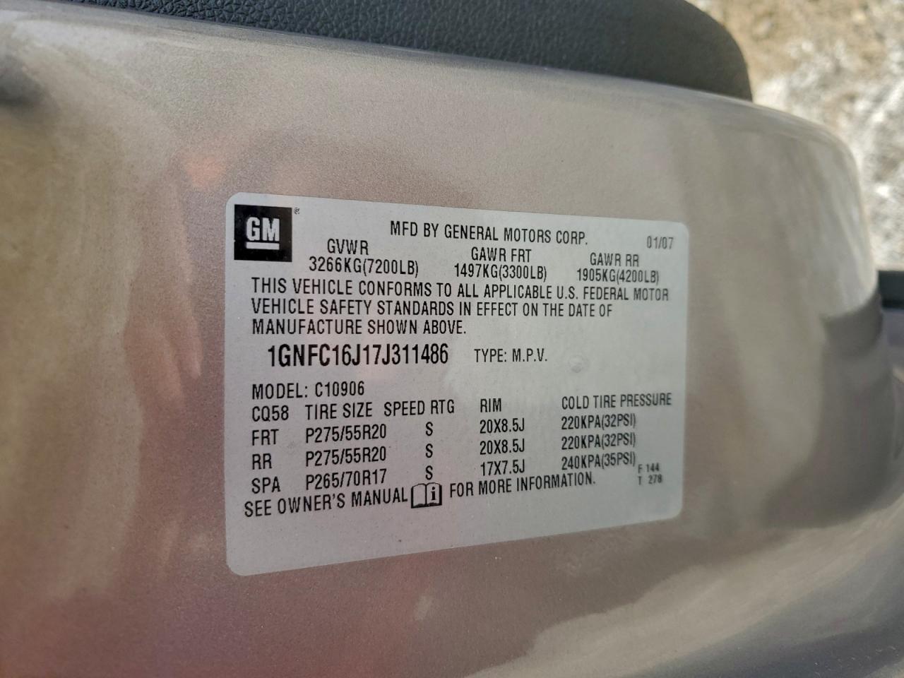 2007 Chevrolet Suburban C1500 VIN: 1GNFC16J17J311486 Lot: 94681785