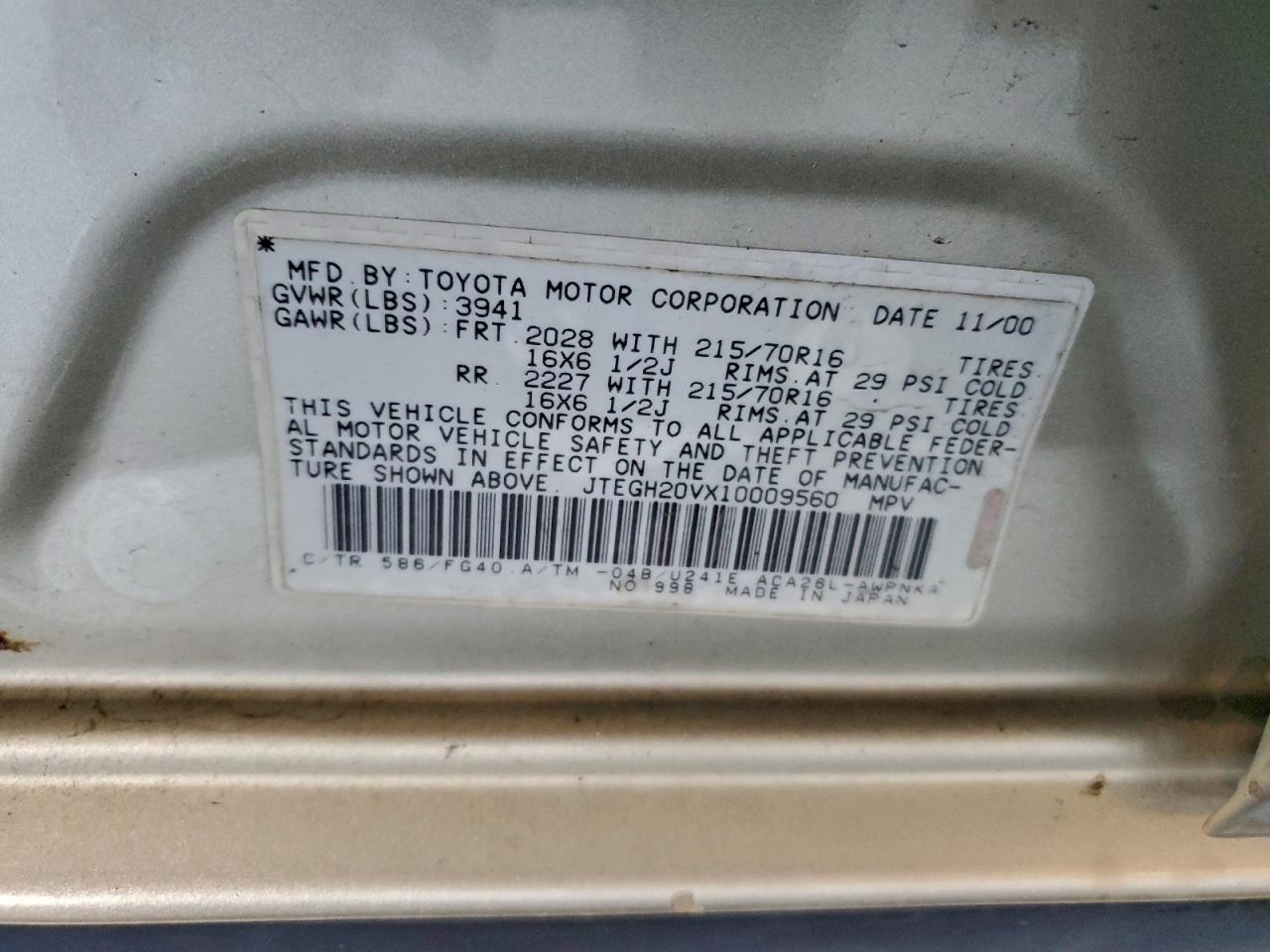 2001 Toyota Rav4 VIN: JTEGH20VX10009560 Lot: 95348395