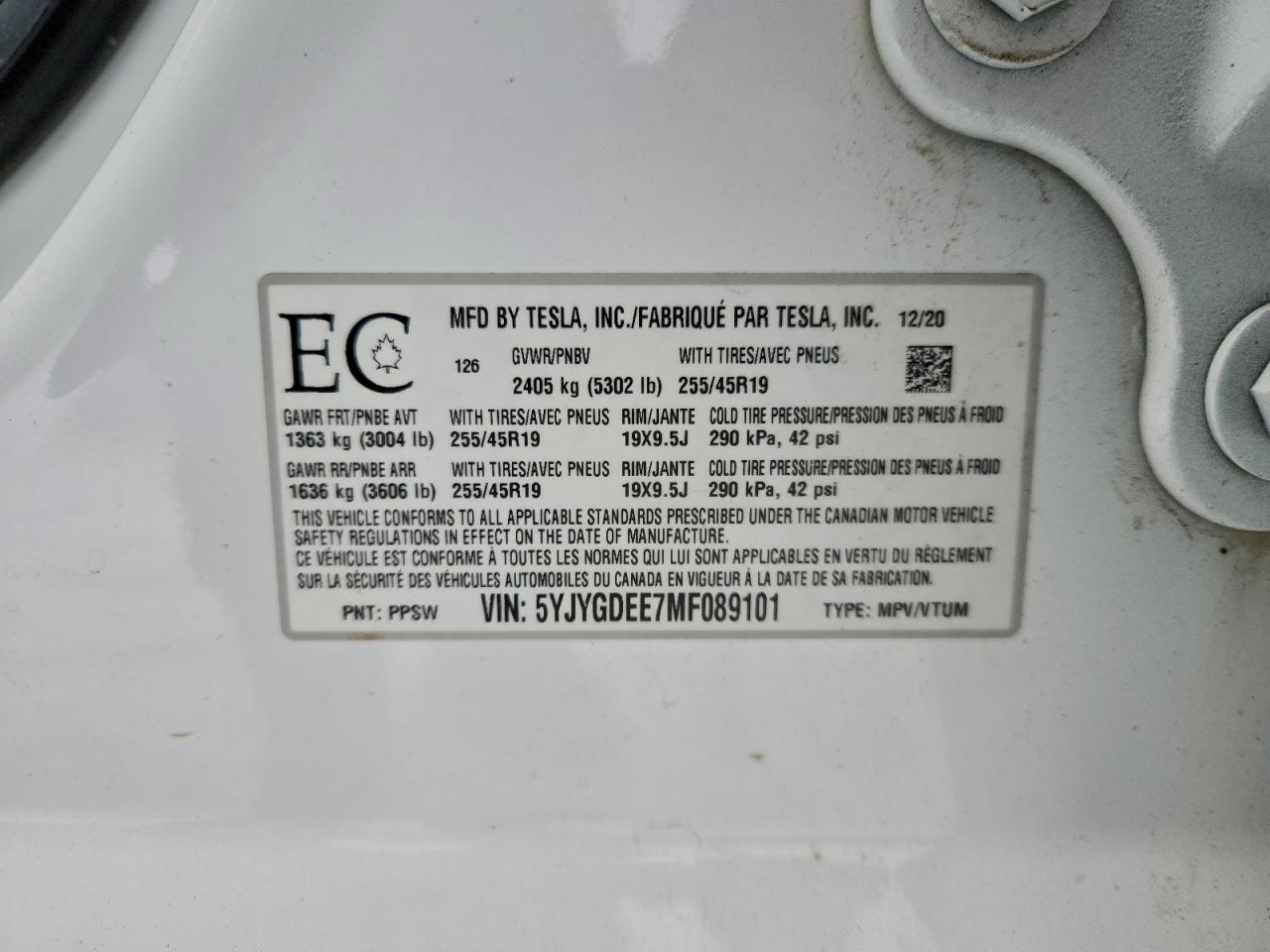 2021 Tesla Model Y VIN: 5YJYGDEE7MF089101 Lot: 95179375