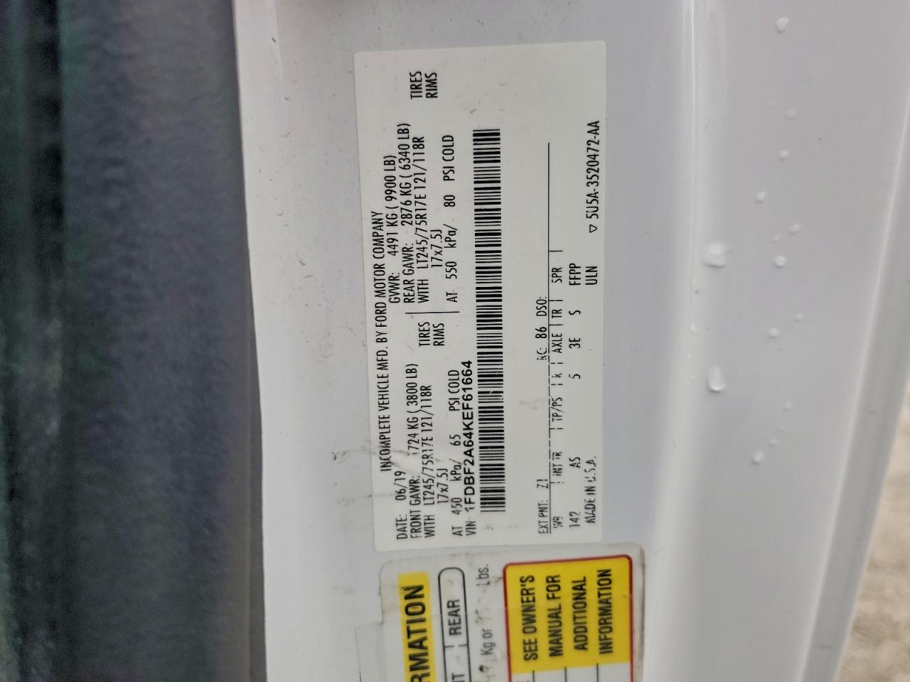 2019 Ford F250 Super Duty VIN: 1FDBF2A64KEF61664 Lot: 94343405