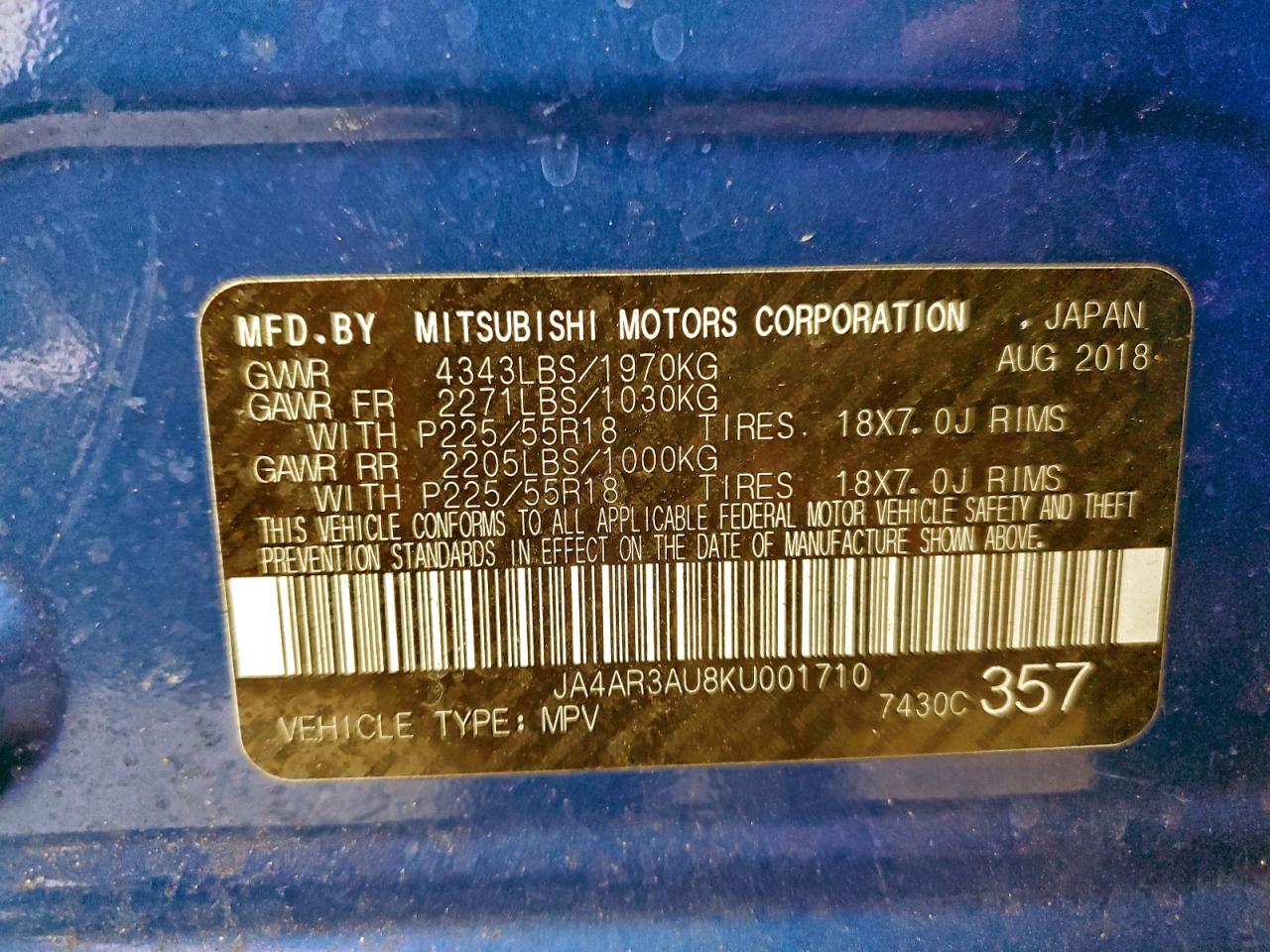 2019 Mitsubishi Outlander Sport Es VIN: JA4AR3AU8KU001710 Lot: 94646325