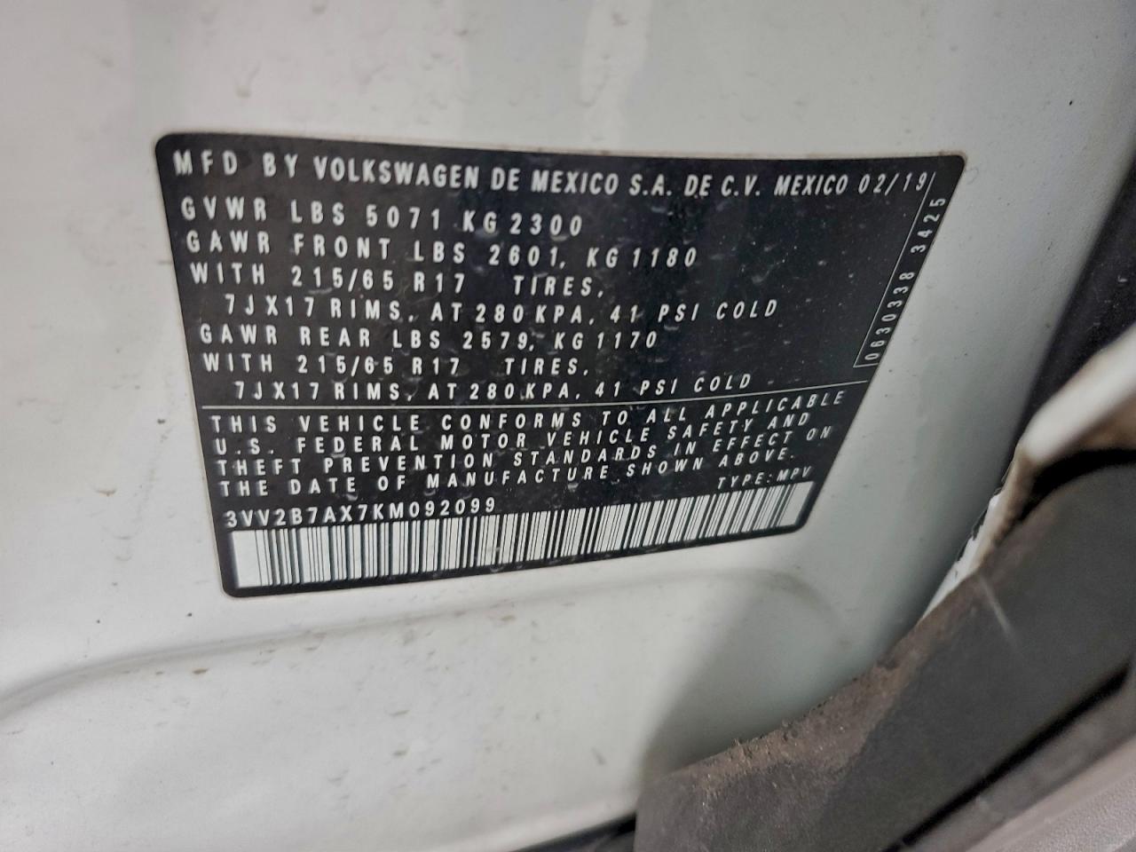 2019 Volkswagen Tiguan Se VIN: 3VV2B7AX7KM092099 Lot: 94676075