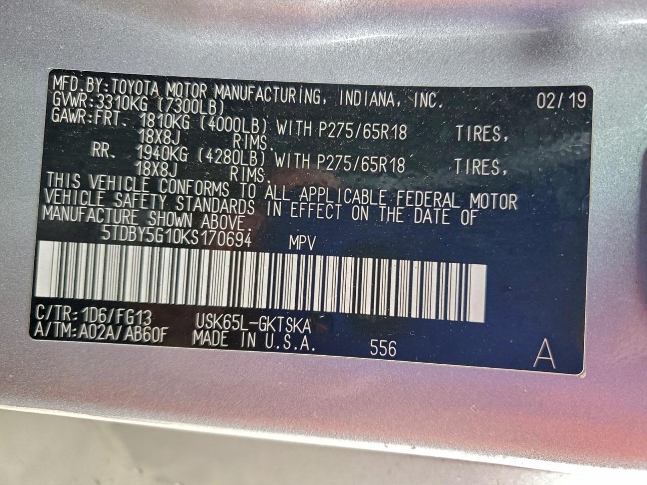 2019 Toyota Sequoia Sr5 VIN: 5TDBY5G10KS170694 Lot: 94567485