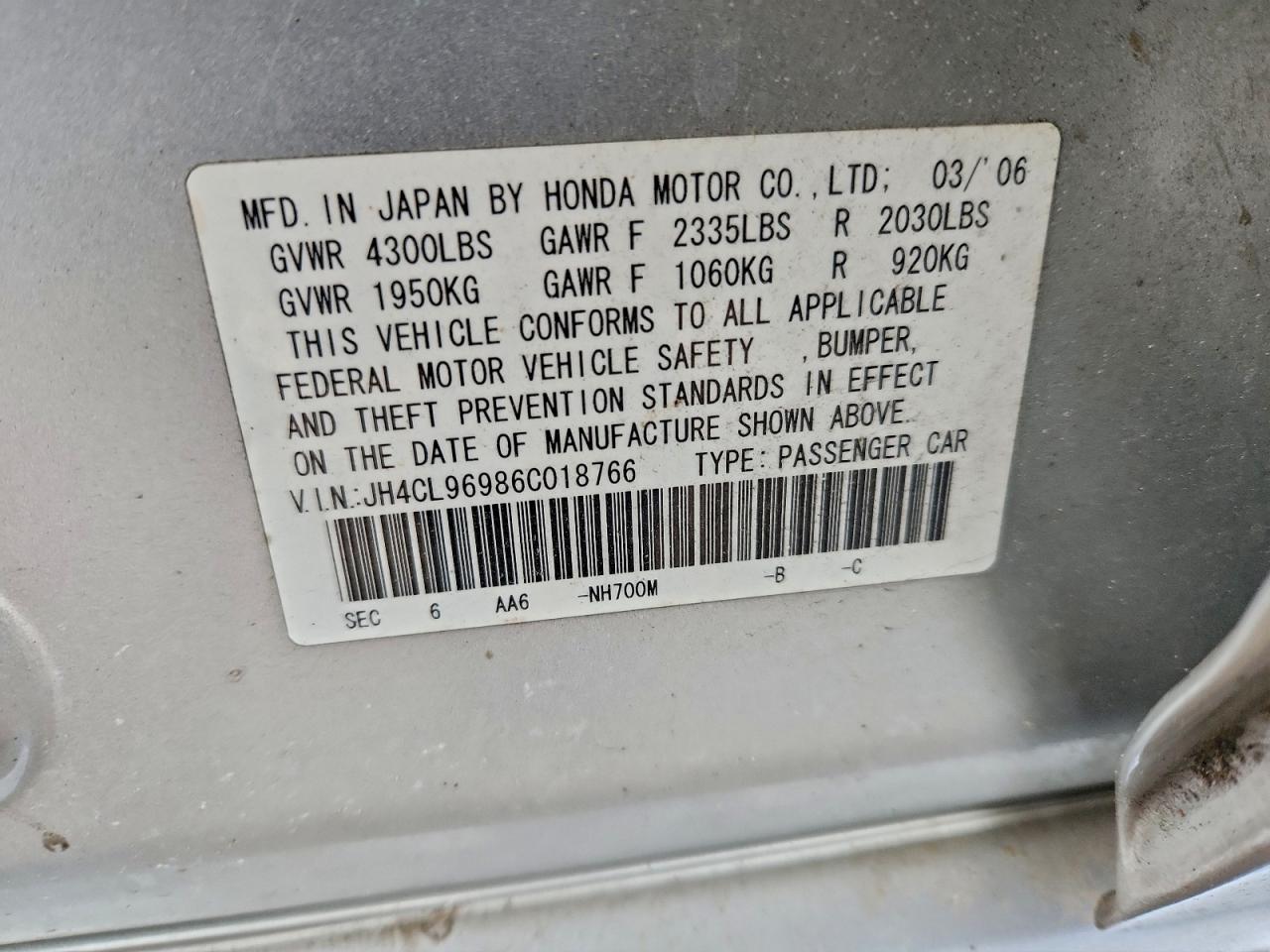 2006 Acura Tsx VIN: JH4CL96986C018766 Lot: 95219025