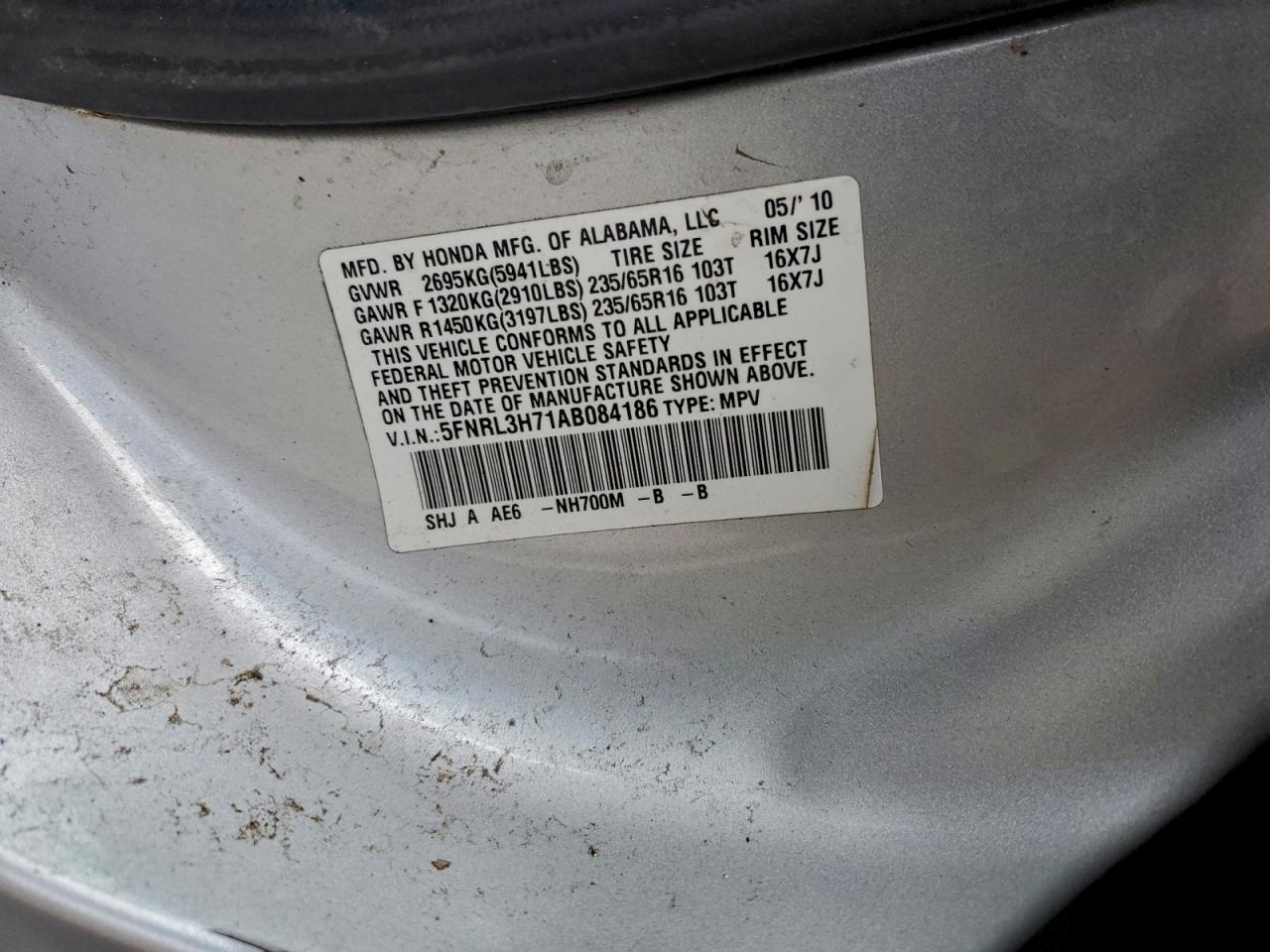 2010 Honda Odyssey Exl VIN: 5FNRL3H71AB084186 Lot: 94538185