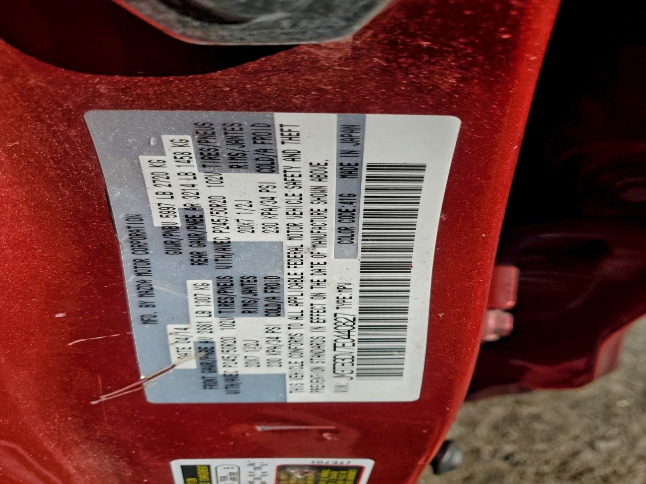 2014 Mazda Cx-9 Grand Touring VIN: JM3TB3DV7E0440827 Lot: 96750125