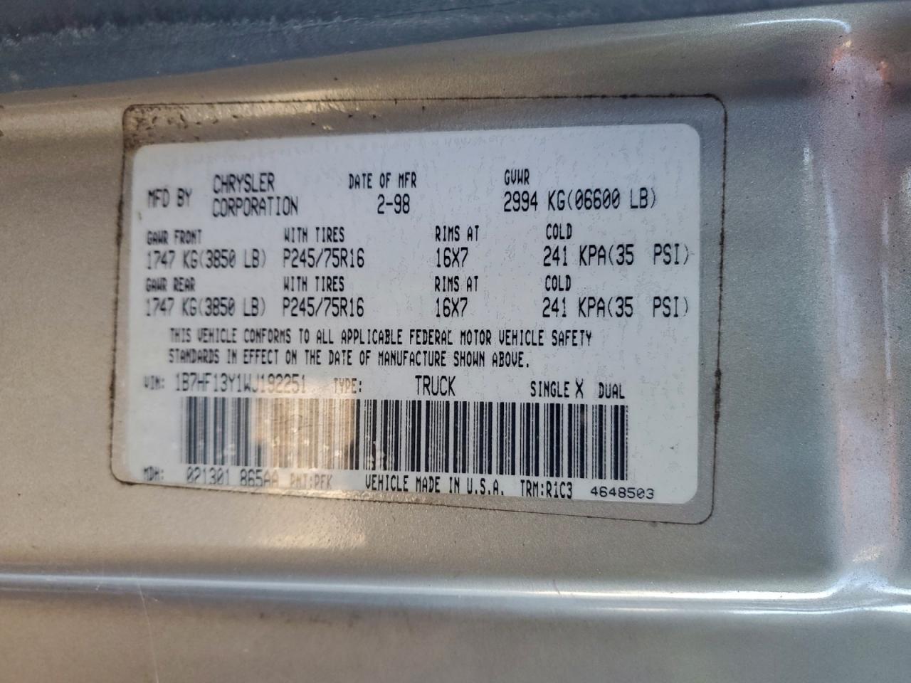 1998 Dodge Ram 1500 VIN: 1B7HF13Y1WJ192251 Lot: 94532865