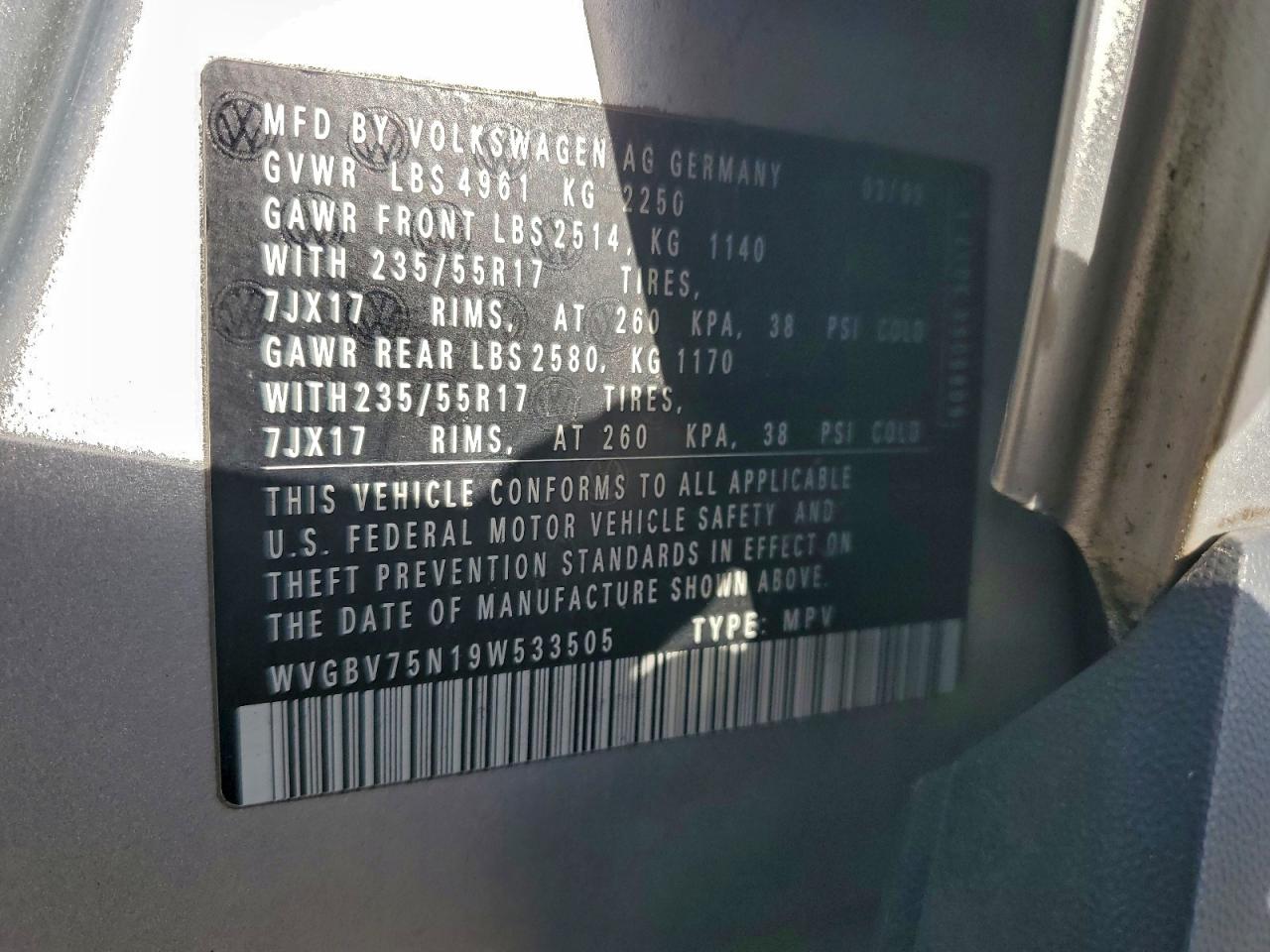 2009 Volkswagen Tiguan Se VIN: WVGBV75N19W533505 Lot: 93502755