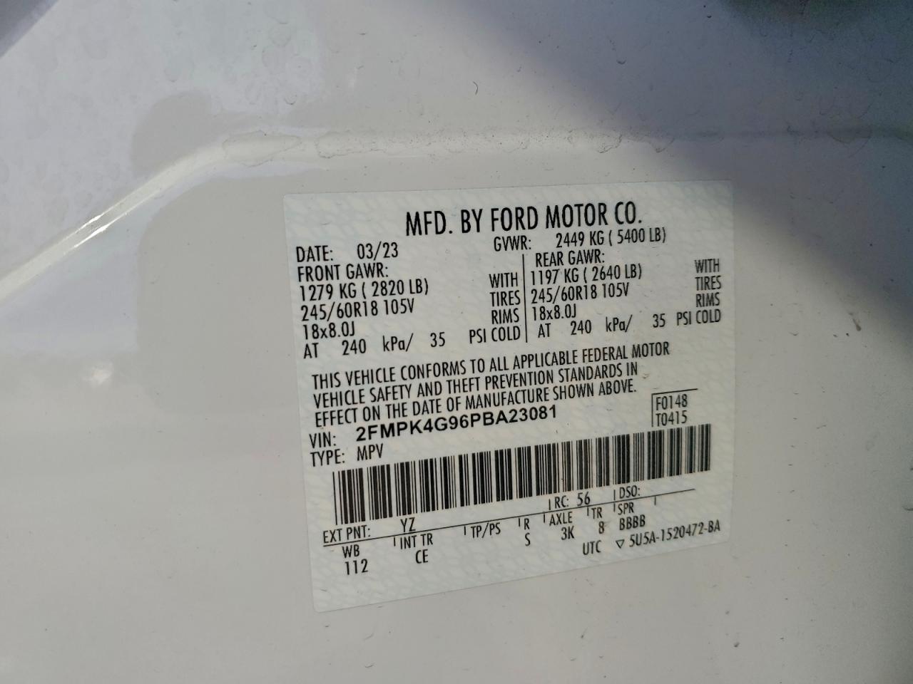 2023 Ford Edge Se VIN: 2FMPK4G96PBA23081 Lot: 95804125