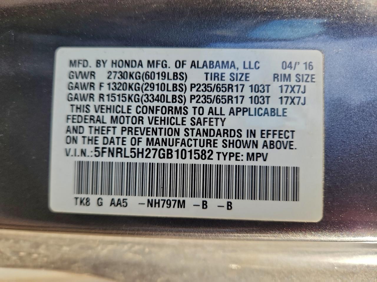 2016 Honda Odyssey Lx VIN: 5FNRL5H27GB101582 Lot: 95360345