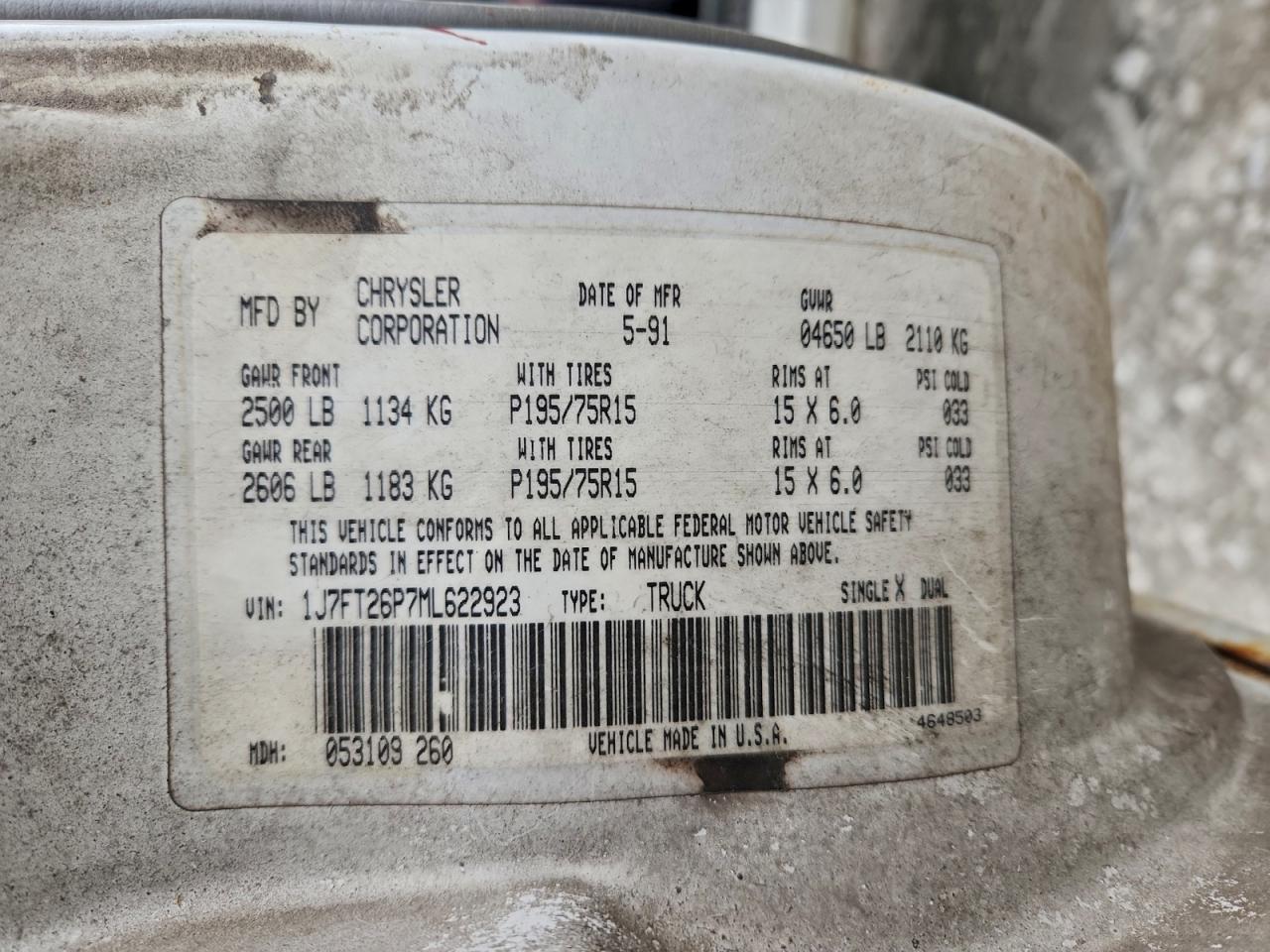 1991 Jeep Comanche VIN: 1J7FT26P7ML622923 Lot: 97617365